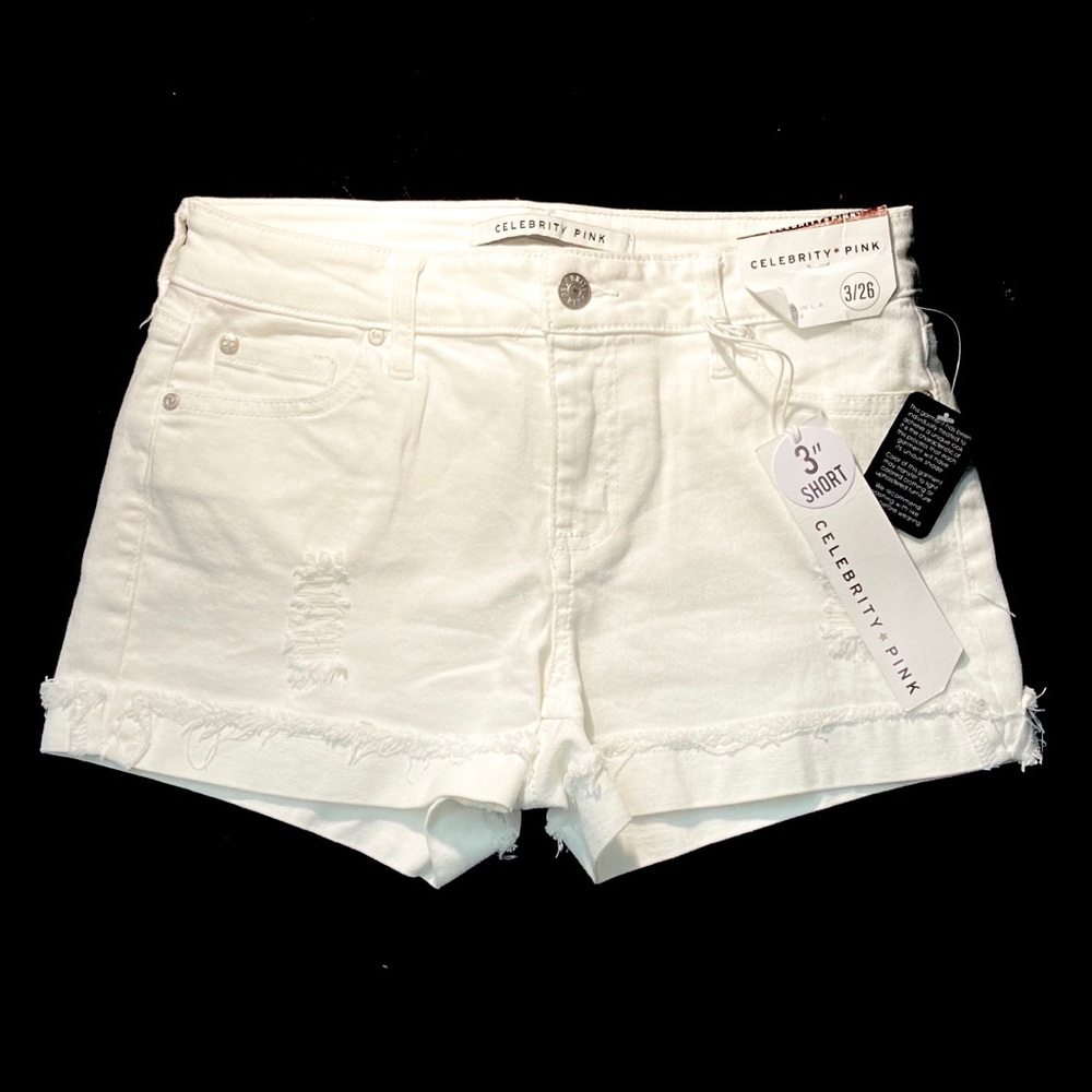 Celebrity Pink All White Distressed Jean Shorts